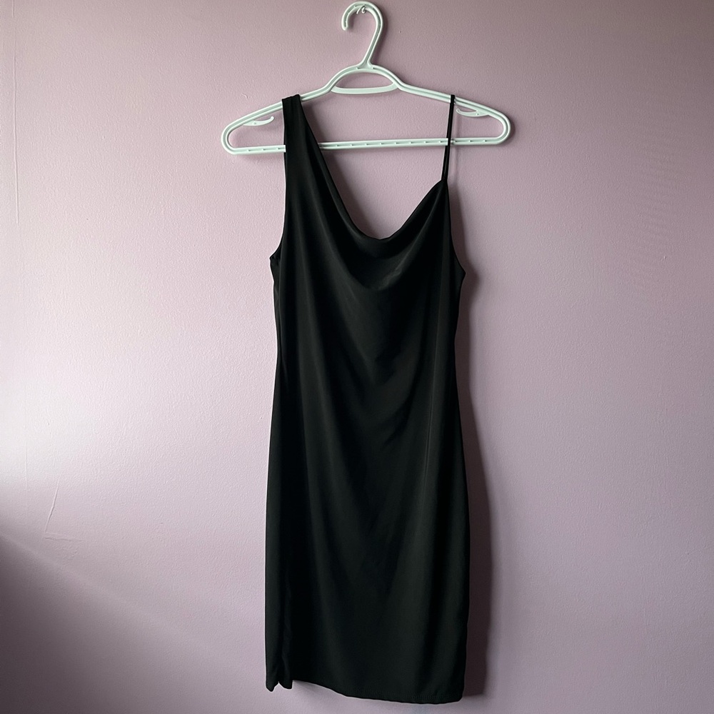 Elegant Satin One Shoulder Cowl Neck Black Dress | NWT